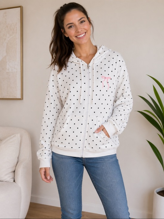 Sweaters - White Polka Dot Zip-Up Hoodie with Pink Bow Embroidery - New York On Back